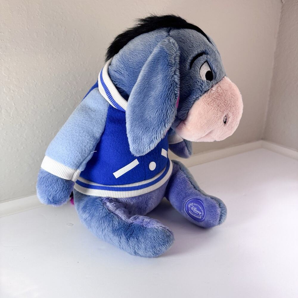 Disney Store Sitting Blue Eeyore Plush 12” Stuffed Animal Letter Jacket